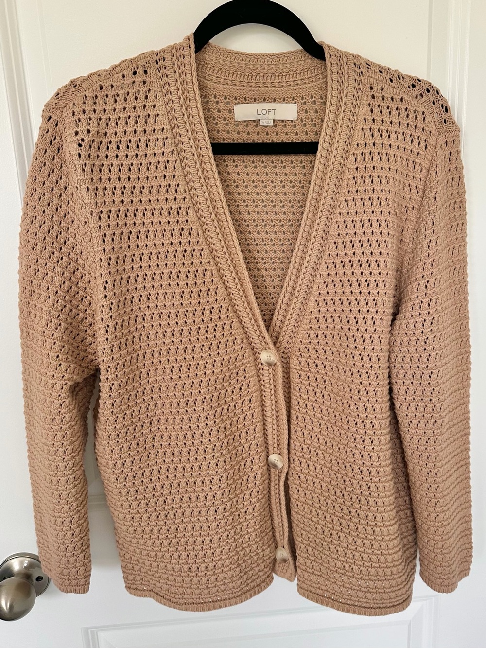 LOFT Women's Tan V-Neck Crochet Button-Front Cardigan - Picture 1 of 8